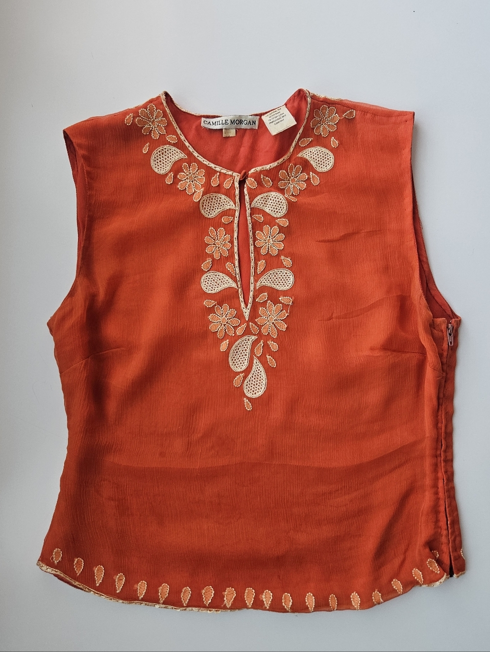 Camille Morgan Tangerine Natural Silk Hand Beaded Sleeveless Top